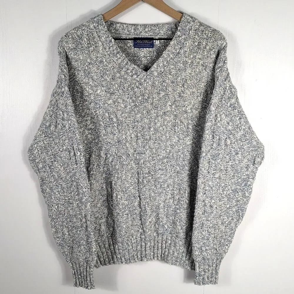 Pen West by Pendleton Sweater Men’s M Blue Gray Knit V-Neck Wool Cotton USA VTG